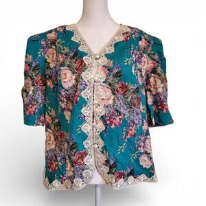 Vintage 80s Grandmacore Floral Teal Lace Trim Pearl Button Blouse Top